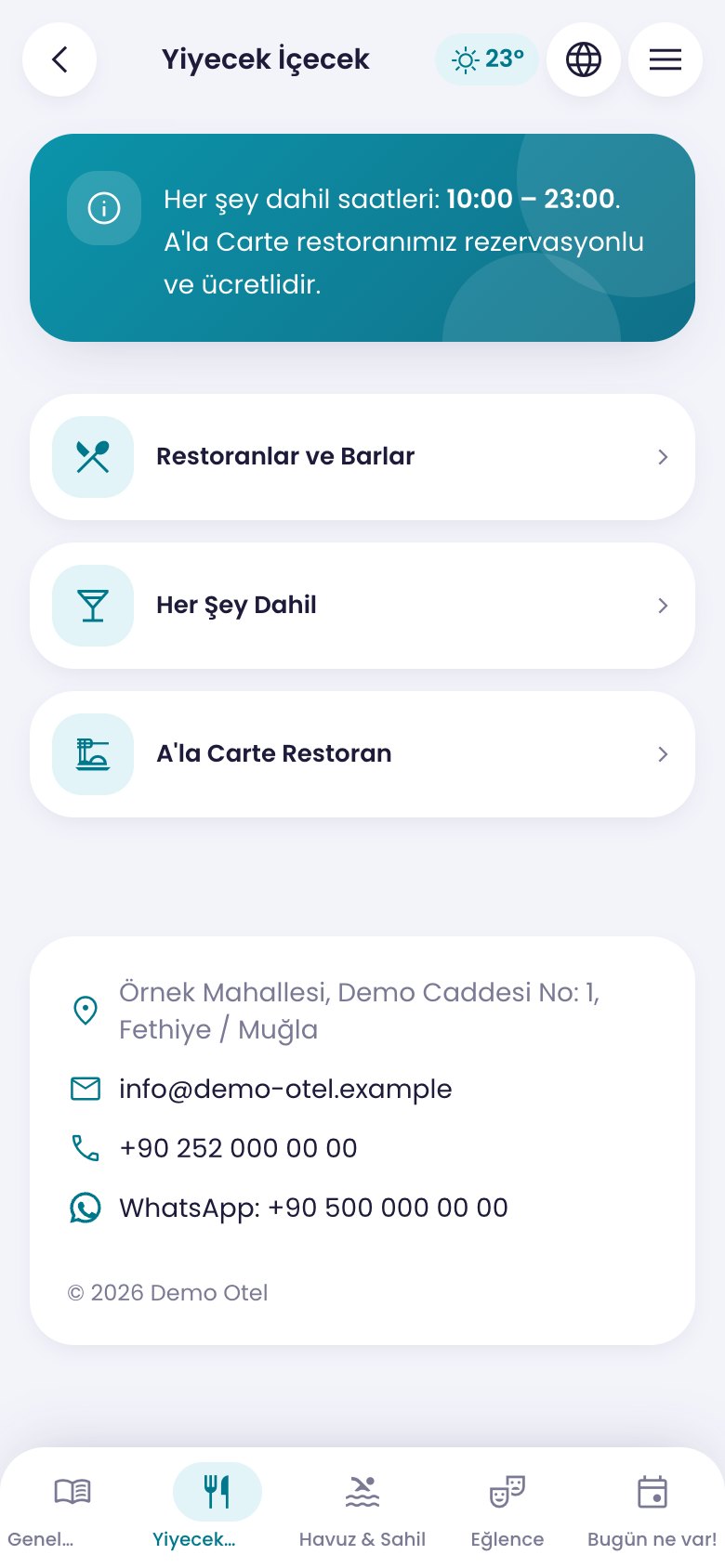 Otel Bilgi Uygulaması — Yiyecek & içecek web sitesinin ekran görüntüsü