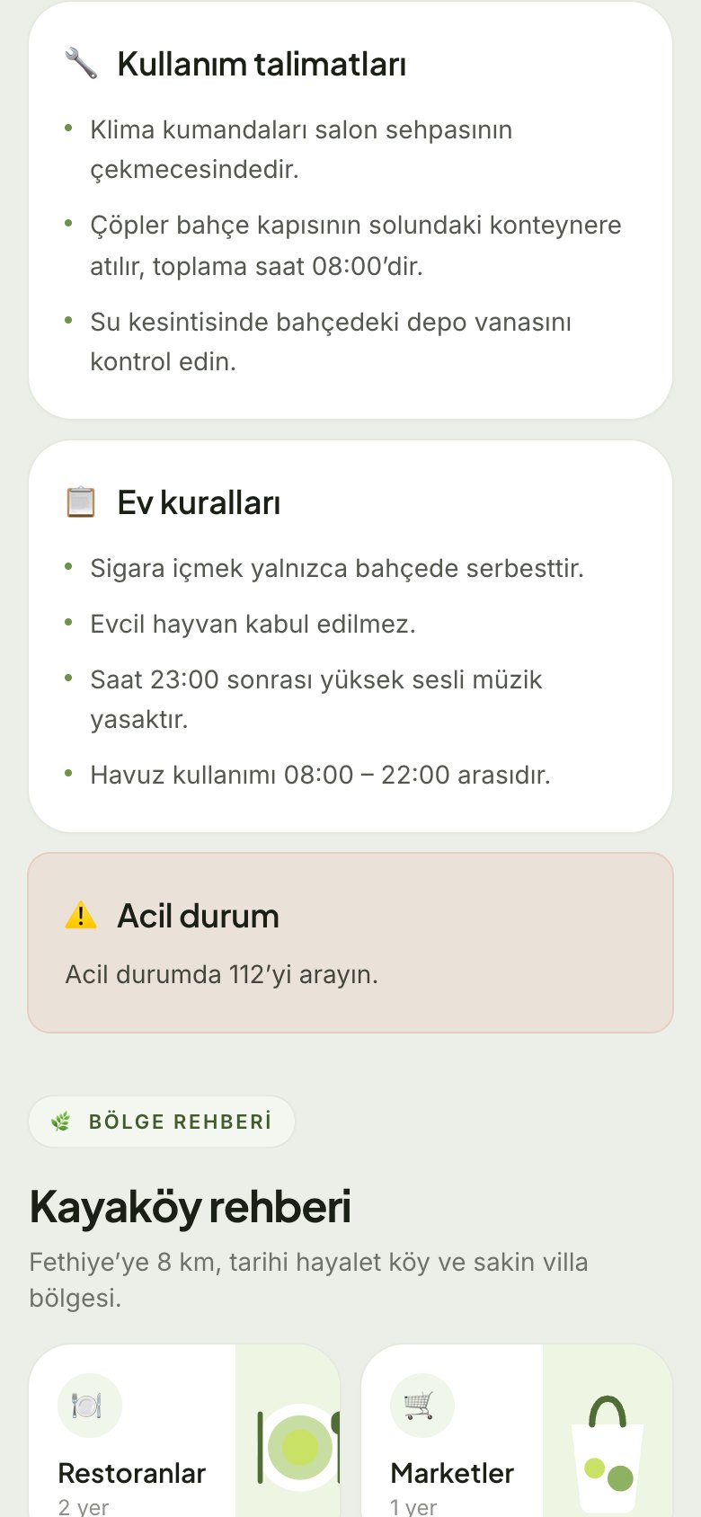 Villa Karşılama Kitabı — Ev kuralları web sitesinin ekran görüntüsü